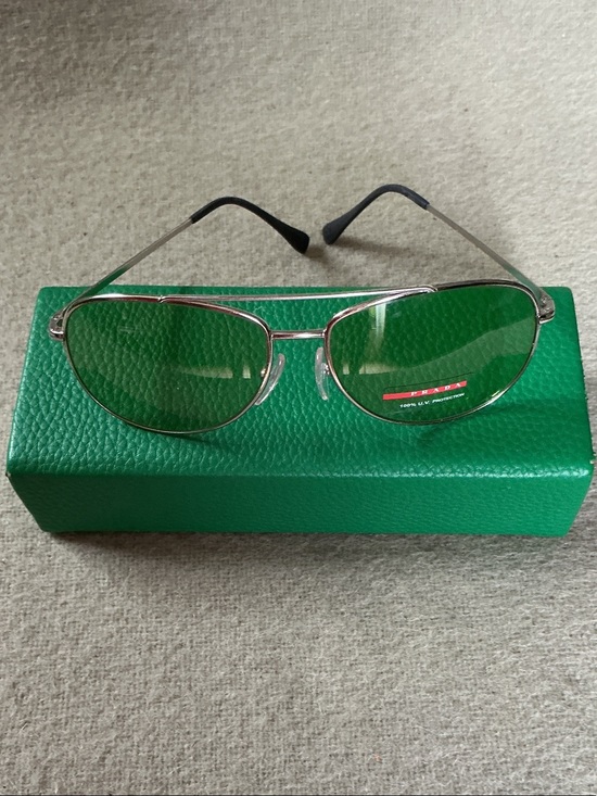 Prada Accessories - Prada Silver Frame Sunglasses with Green Lenses
